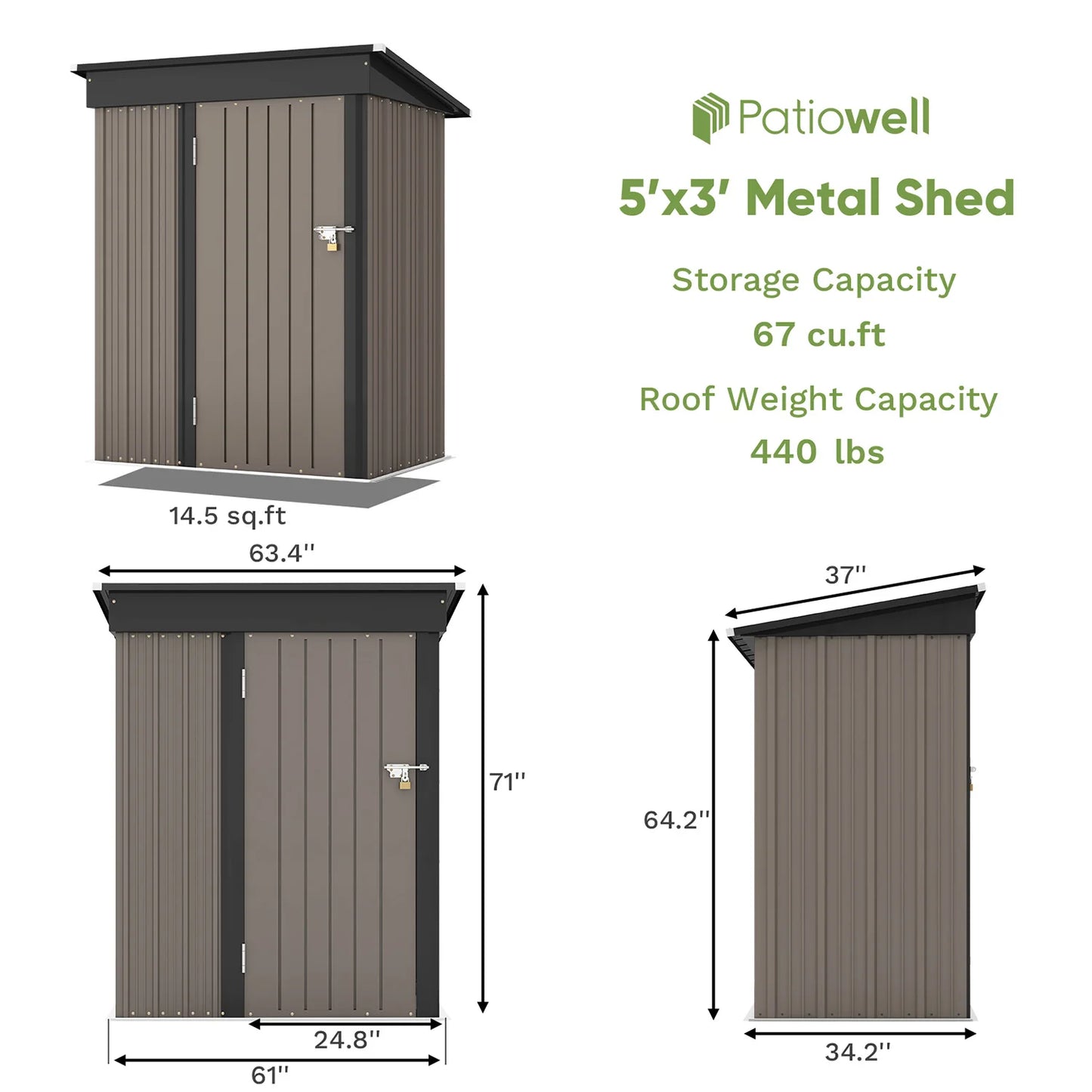 Patiowell 5x3 Ft Metal Outdoor Storage Shed Lockable Door