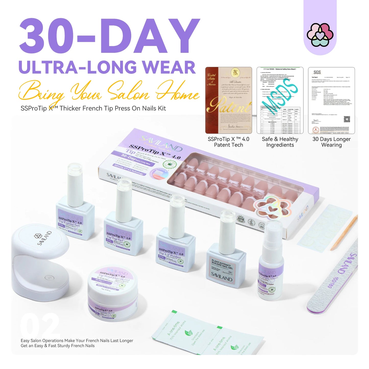 Saviland French Gel X Nail Kit 90pcs Extra Short Square Press On Nails with Nail Glue Gel and UV LED Nail Lamp