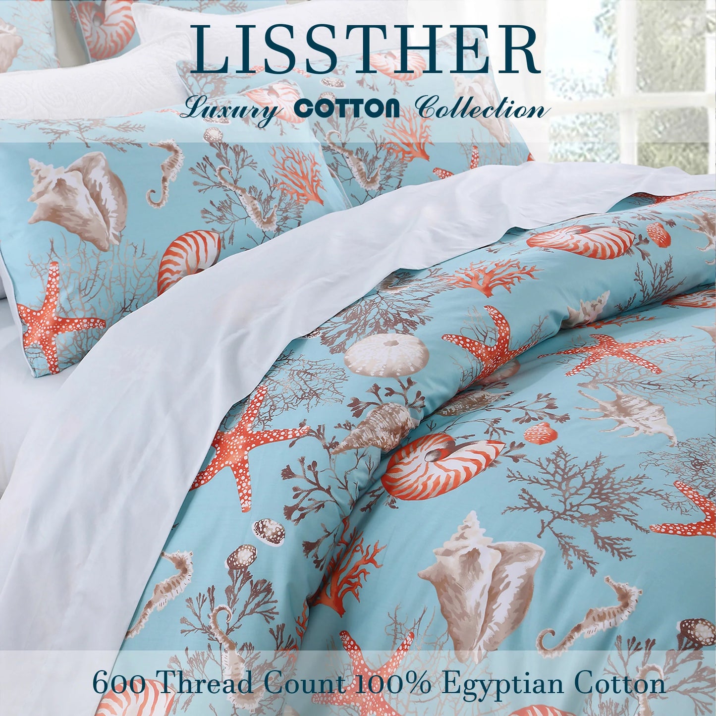 3pcs 600TC 100% Egyptian Cotton Duvet Cover Set, Vintage Blue Underwater Theme, Soft Skin-Friendly (No Inserts)