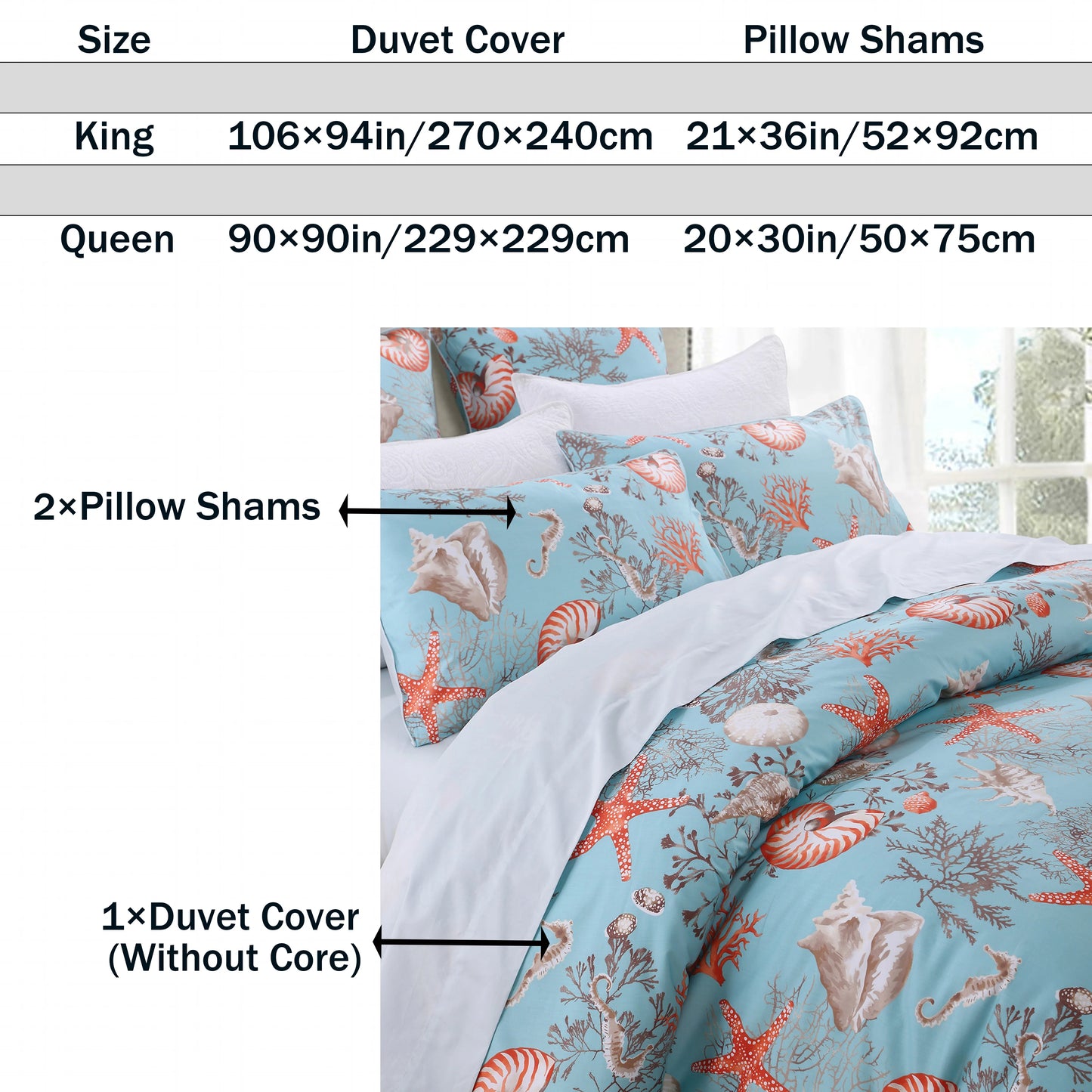 3pcs 600TC 100% Egyptian Cotton Duvet Cover Set, Vintage Blue Underwater Theme, Soft Skin-Friendly (No Inserts)