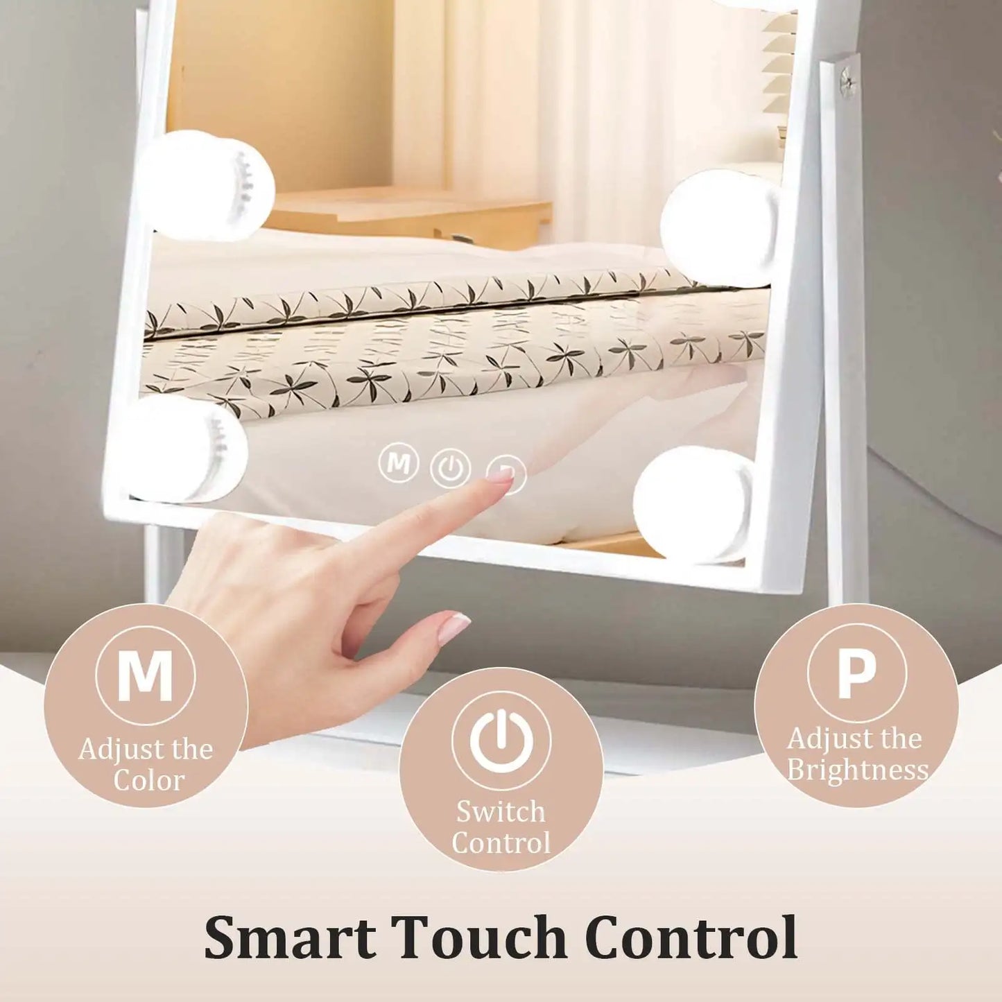 Illuminated Vanity Mirror with 9 LED Bulbs Detachable 10x Magnifier 3 Color Illumination Modes 360 Degree Swivel