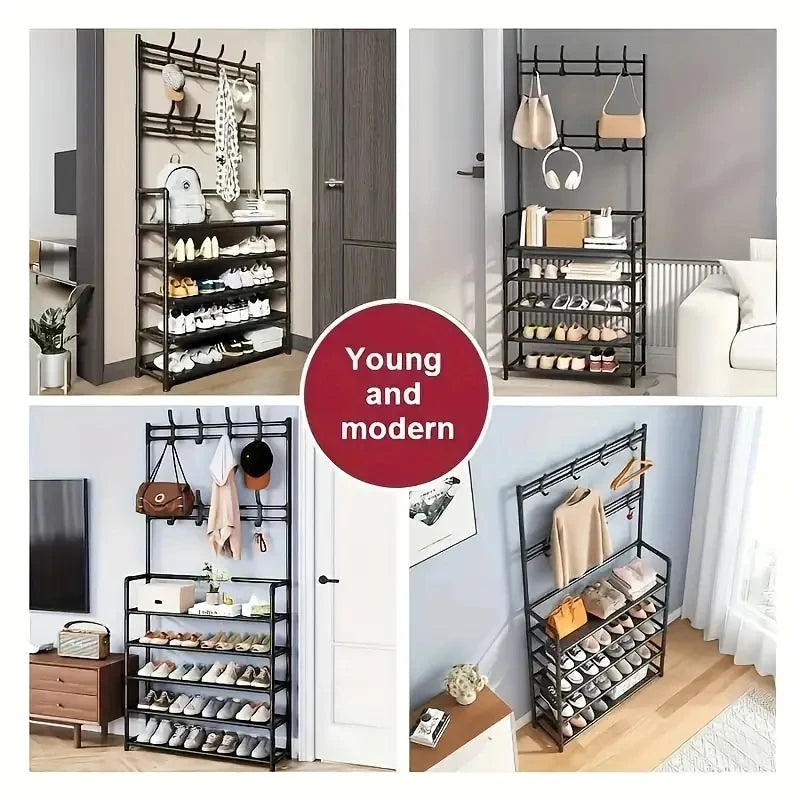 Entryway Coat Rack And Shoe Organizer With 4 Tier Shelves