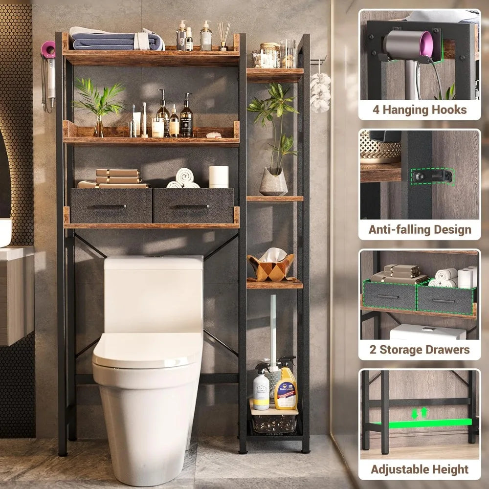 Rustic Brown Over Toilet Storage 2 Drawers 7 Tier Organizer