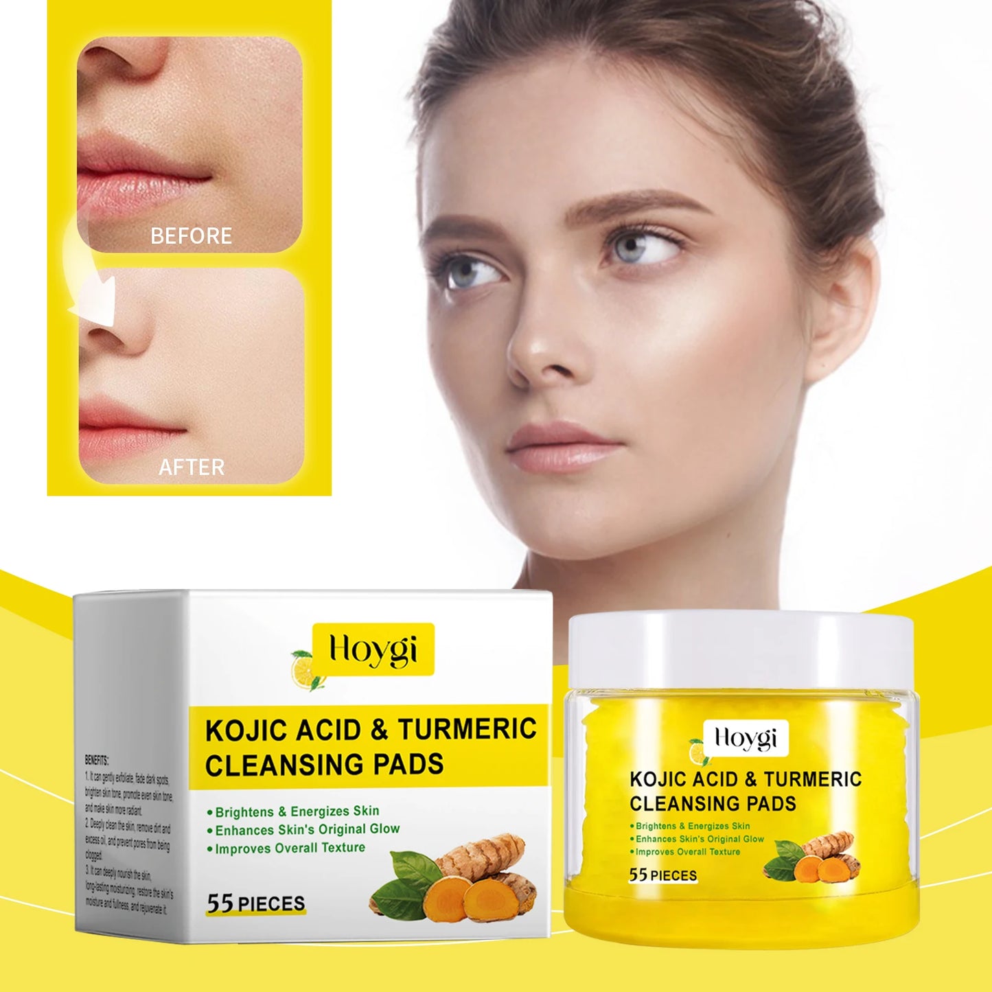 4PCS Turmeric Cleansing Skincare Exfoliating Pads Gentle Formula Suitable for All Skin Types 55PCS Bottle