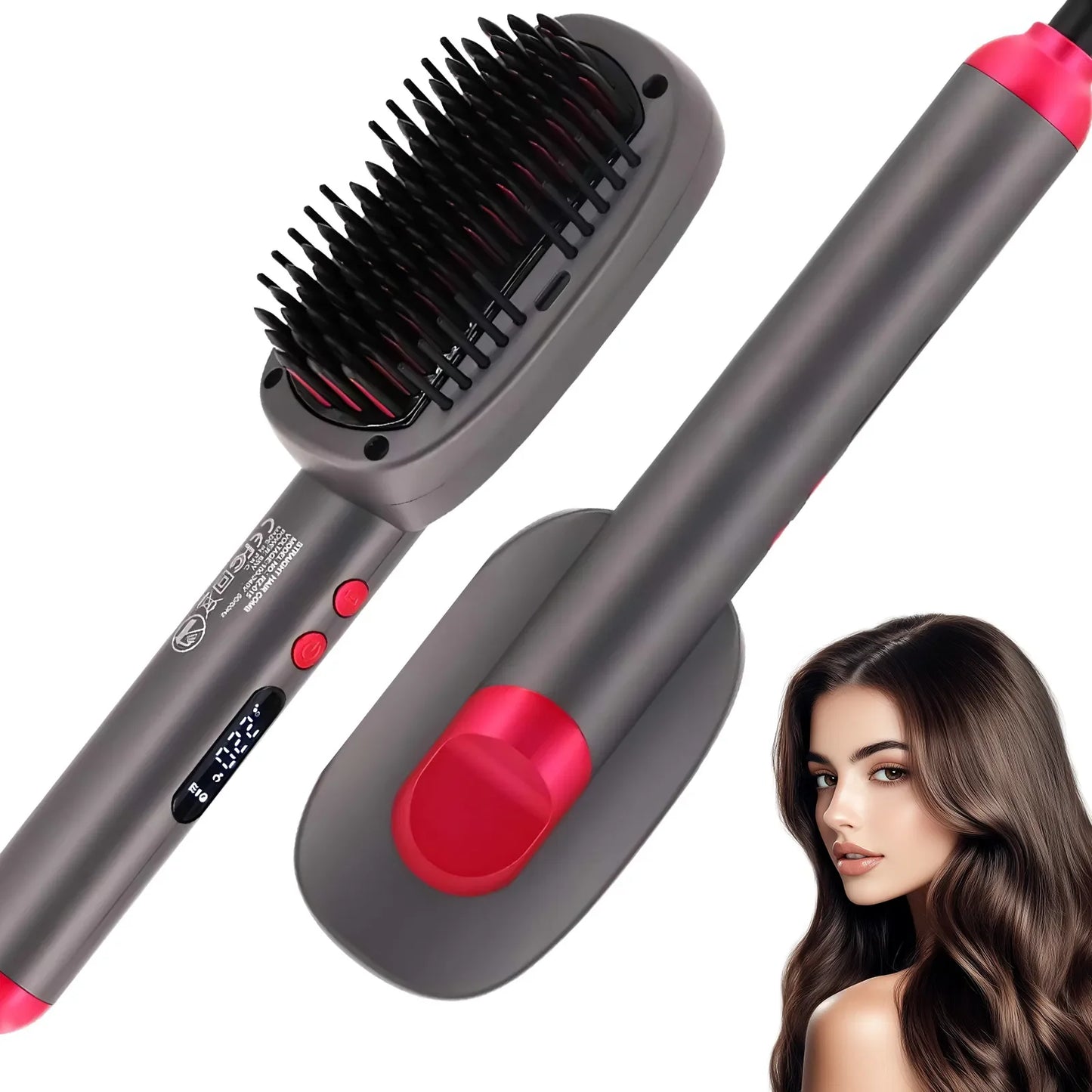 Hair Straightener Brush With Keratin Ceramic Coating Negative Ion Straightening Brush Dual Voltage Hot Air Hair Brush Black