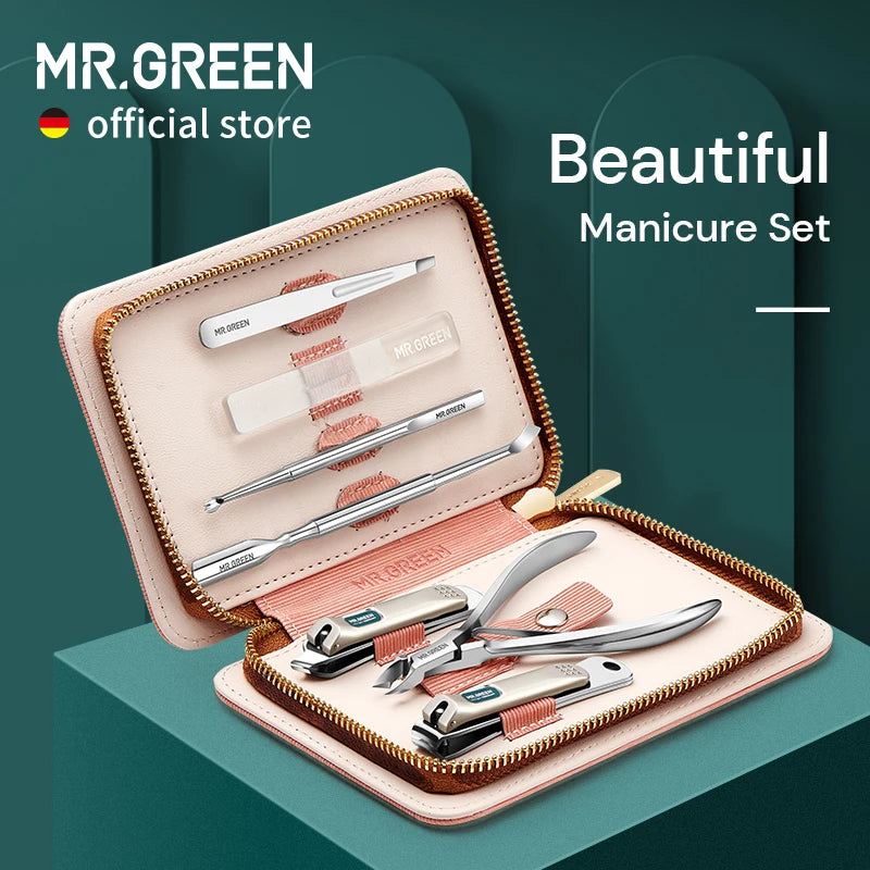 MR Green Manicure Set Pedicure Set Nail Clippers Tools Stainless Steel Professional Nail Scissors Cutter Travel Case Kit 7 in 1