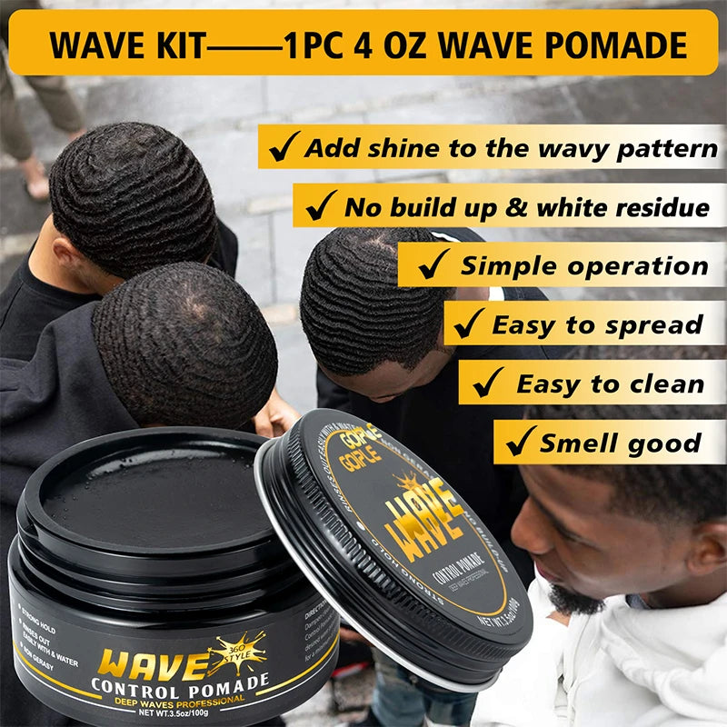 360 Style Wave Control Pomade Strong Hold Deep Waves Layered Gel with Brush Kit Wavy Grease Styling Wax for Black Men