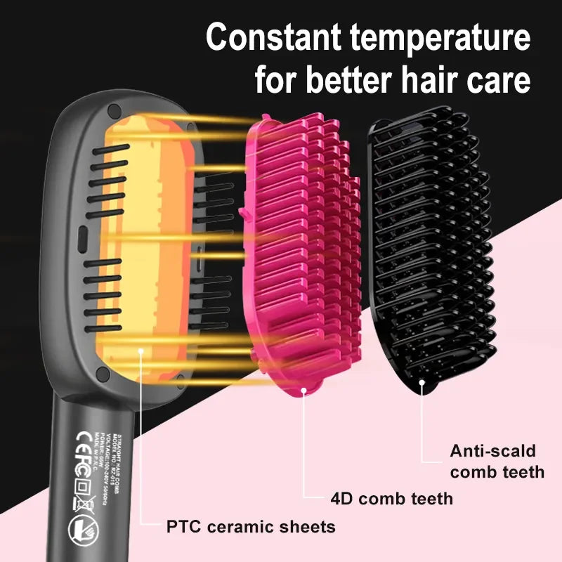 Hair Straightener Brush With Keratin Ceramic Coating Negative Ion Straightening Brush Dual Voltage Hot Air Hair Brush Black
