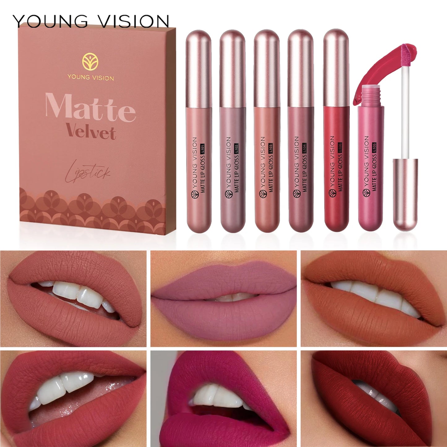 Young Vision 6 Matte Velvet Liquid Lipstick Set Waterproof Nude Color Easy to Apply Lip Gloss Set