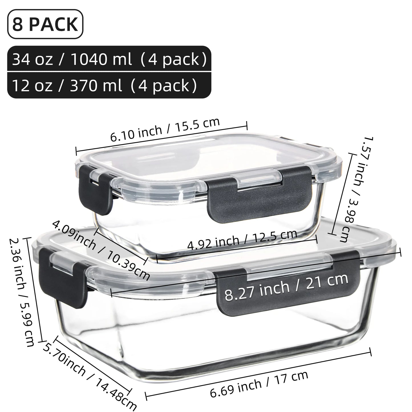 8 Piece Glass Food Storage Containers Set BPA Free Leakproof Microwave and Oven Safe 6 Sizes Borosilicate Glass Lock Lid