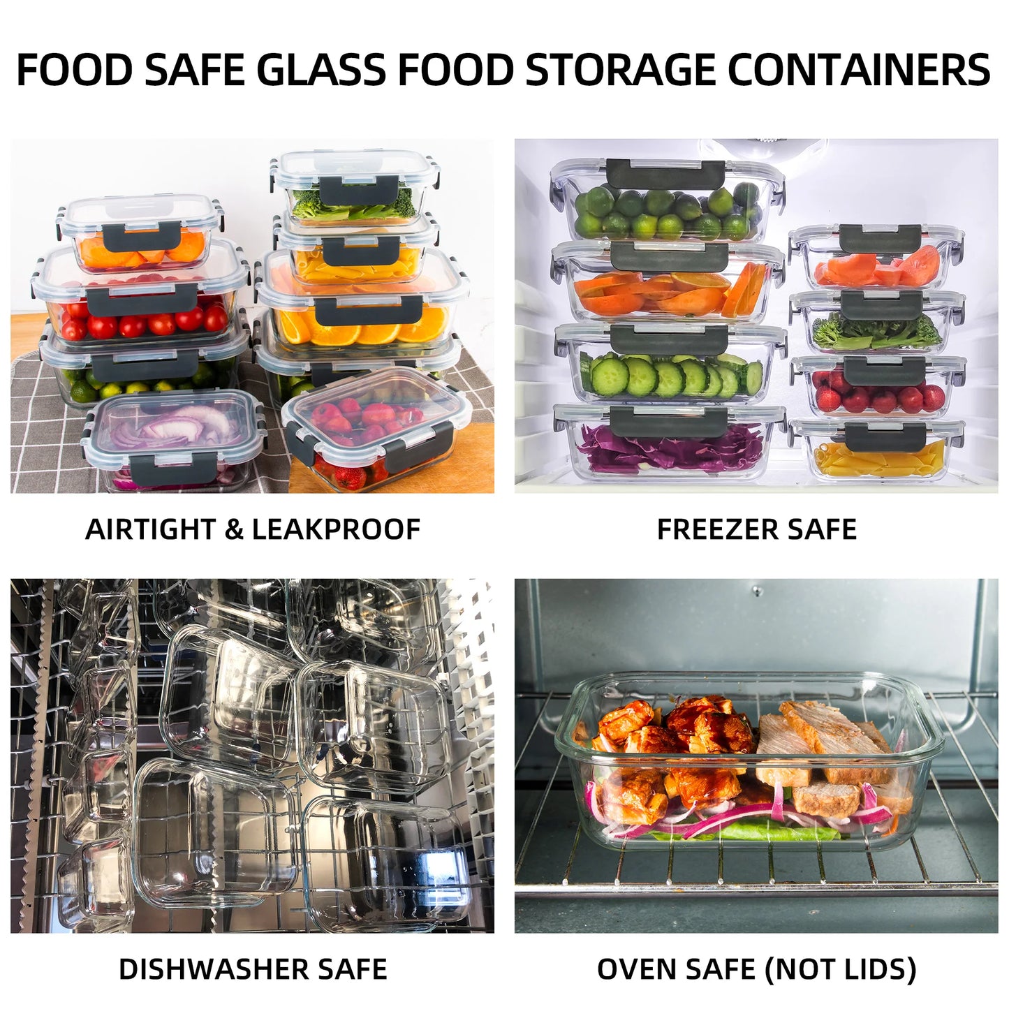 8 Piece Glass Food Storage Containers Set BPA Free Leakproof Microwave and Oven Safe 6 Sizes Borosilicate Glass Lock Lid