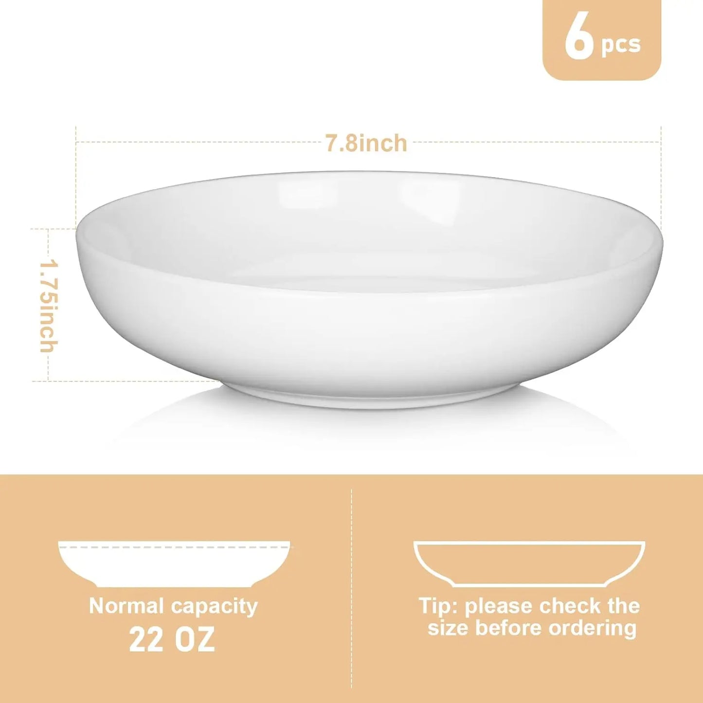 22 Ounce Porcelain Pasta Bowls Set of 6 Premium Ceramic Large Capacity Plates for Salad and Soup Dishwasher Safe
