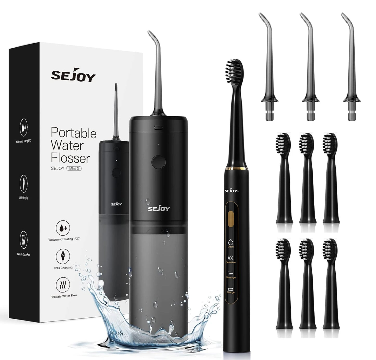 Sejoy Water Flosser and Electric Toothbrush Set Portable Dental Oral Irrigator USB Rechargeable Waterproof Teeth Cleaner