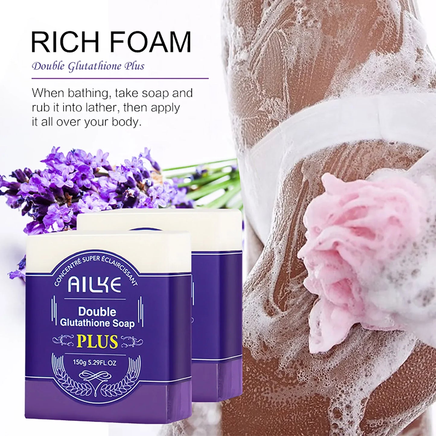 AILKE Double Glutathione Plus Whitening Soap Bar for Dark Spots Cleansing and Moisturizing with Natural Lavender Scent for Face and Body