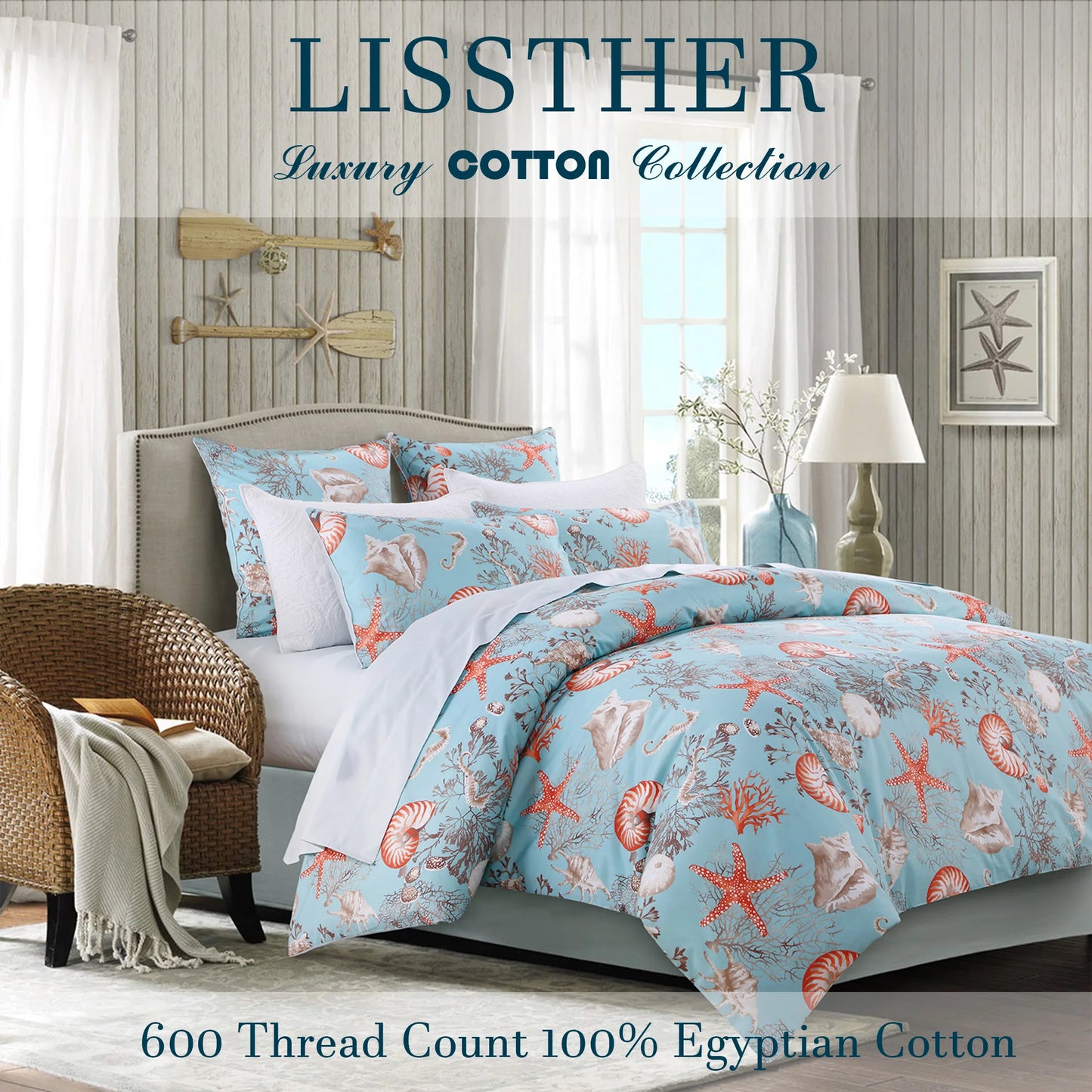 3pcs 600TC 100% Egyptian Cotton Duvet Cover Set, Vintage Blue Underwater Theme, Soft Skin-Friendly (No Inserts)