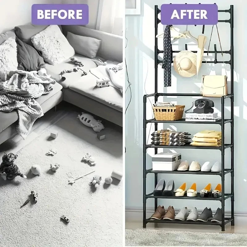 Entryway Coat Rack And Shoe Organizer With 4 Tier Shelves