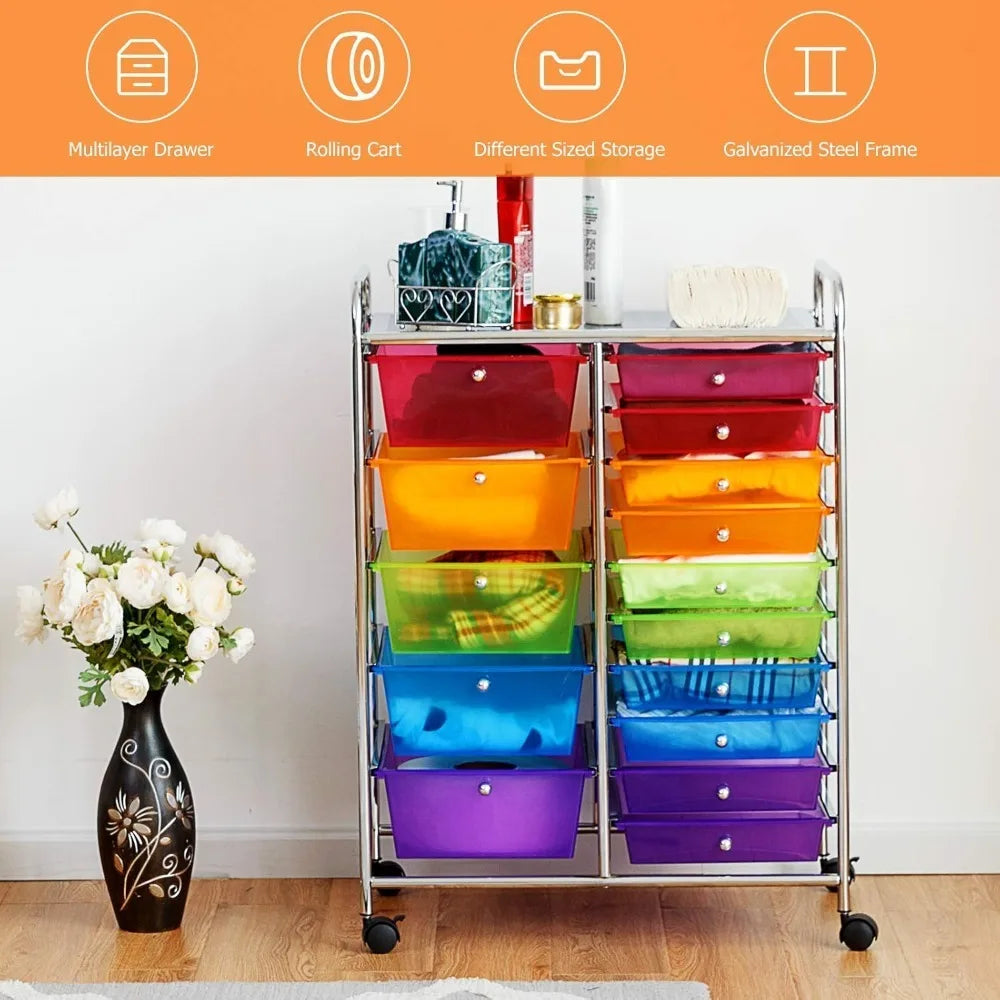 15-Drawer Rolling Storage Cart for Home Office and School Use