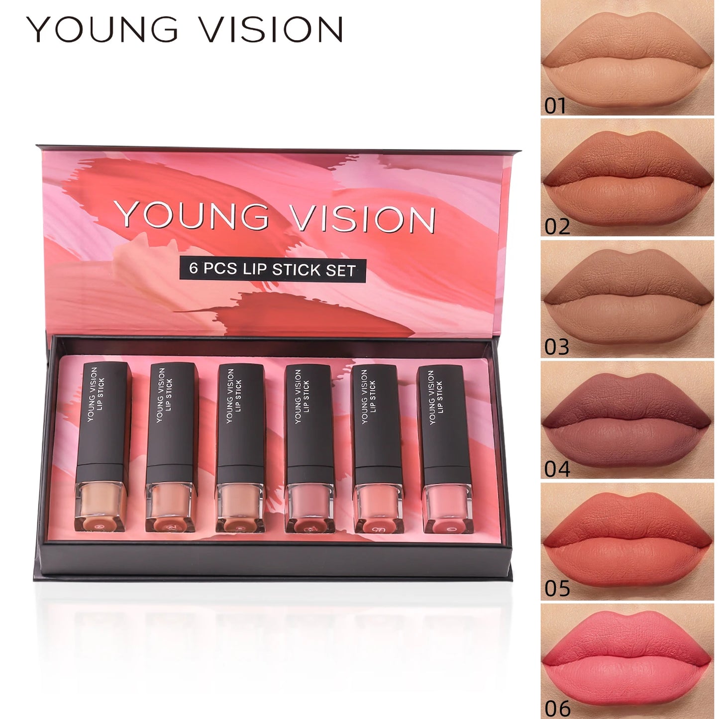 Young Vision 6 Matte Velvet Lipstick Set Waterproof Non Fade Silky Mud Feeling White Thin Translucent Light Lip Glaze Set