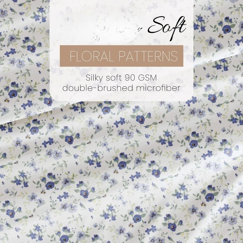 4 Piece Queen Sheet Set Light Blue Floral Soft Cooling