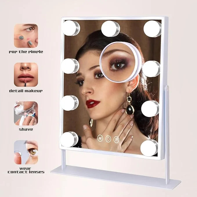 Illuminated Vanity Mirror with 9 LED Bulbs Detachable 10x Magnifier 3 Color Illumination Modes 360 Degree Swivel