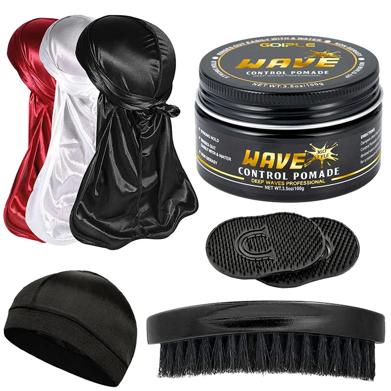 360 Style Wave Control Pomade Strong Hold Deep Waves Layered Gel with Brush Kit Wavy Grease Styling Wax for Black Men