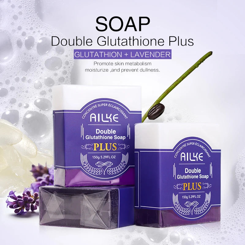 AILKE Double Glutathione Plus Whitening Soap Bar for Dark Spots Cleansing and Moisturizing with Natural Lavender Scent for Face and Body