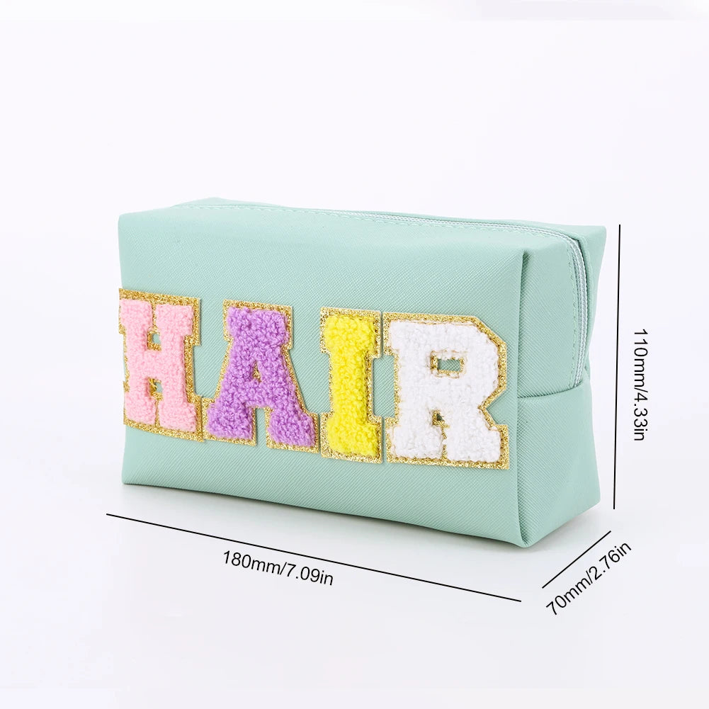 3PCS Preppy Patch Makeup Bag with Patches Chenille Letter Waterproof Toiletry Bag PU Leather for Women for Travel Accessories