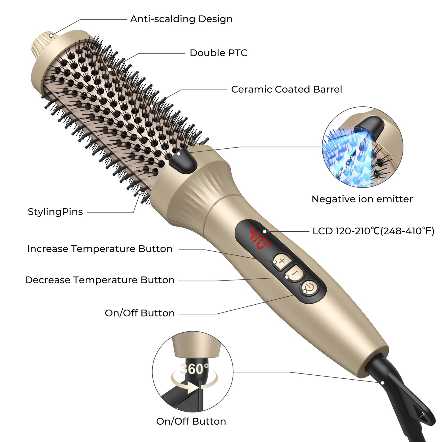 Thermal Brush One Step Hot Air Brush Volumizer Hair Curler Straightener Hair Styling Brush Professional Curling Iron Heated Gold