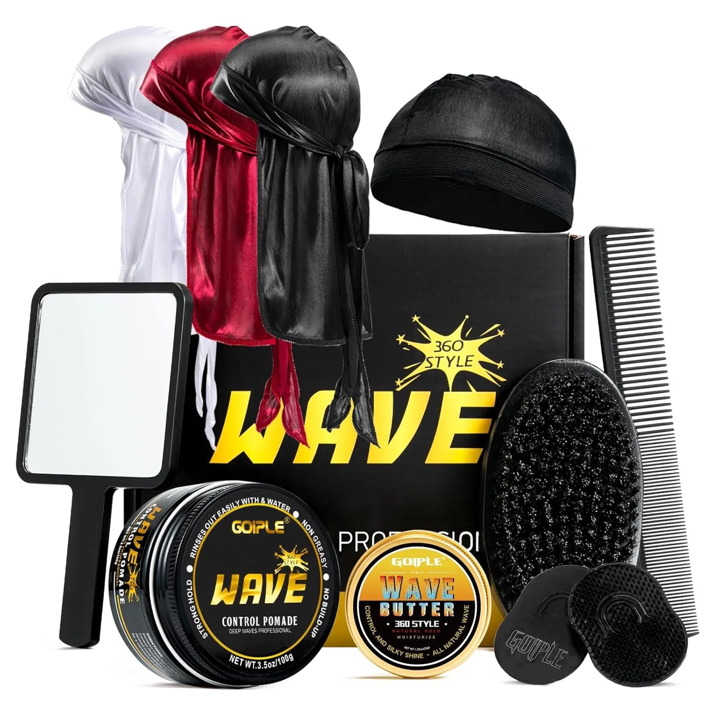 360 Style Wave Control Pomade Strong Hold Deep Waves Layered Gel with Brush Kit Wavy Grease Styling Wax for Black Men