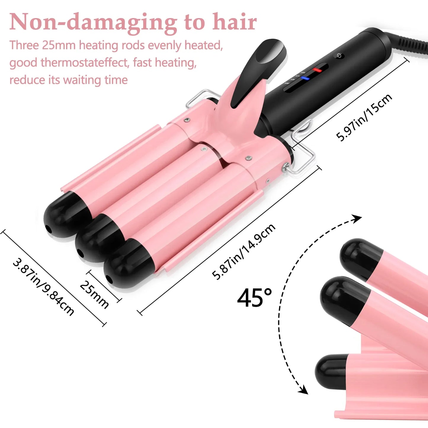 3 Barrel Curling Iron Hair Crimper Dual Voltage Ceramic Tourmaline Three Barrels Hair Waver 1 Inch Curler Wand Pink
