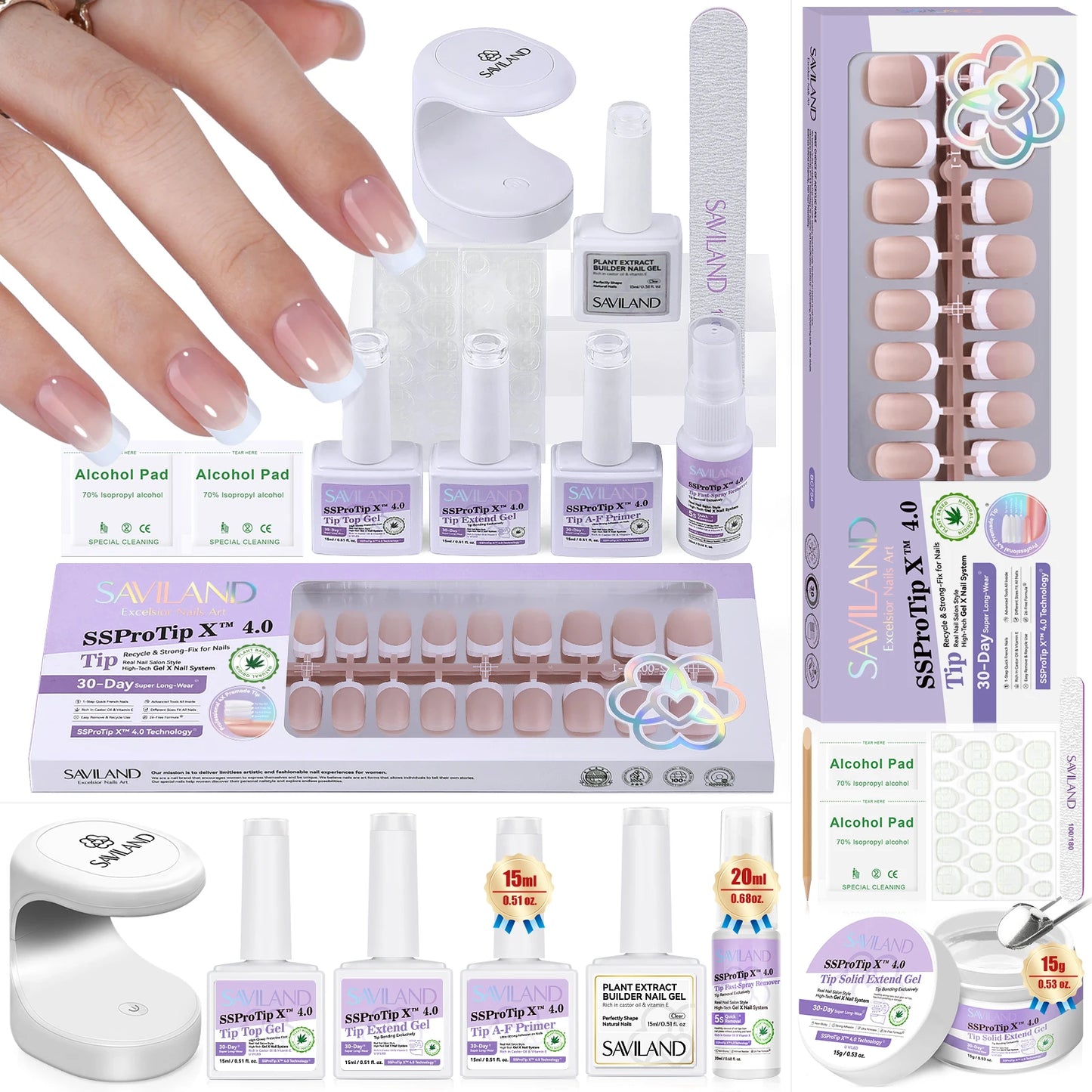 Saviland French Gel X Nail Kit 90pcs Extra Short Square Press On Nails with Nail Glue Gel and UV LED Nail Lamp