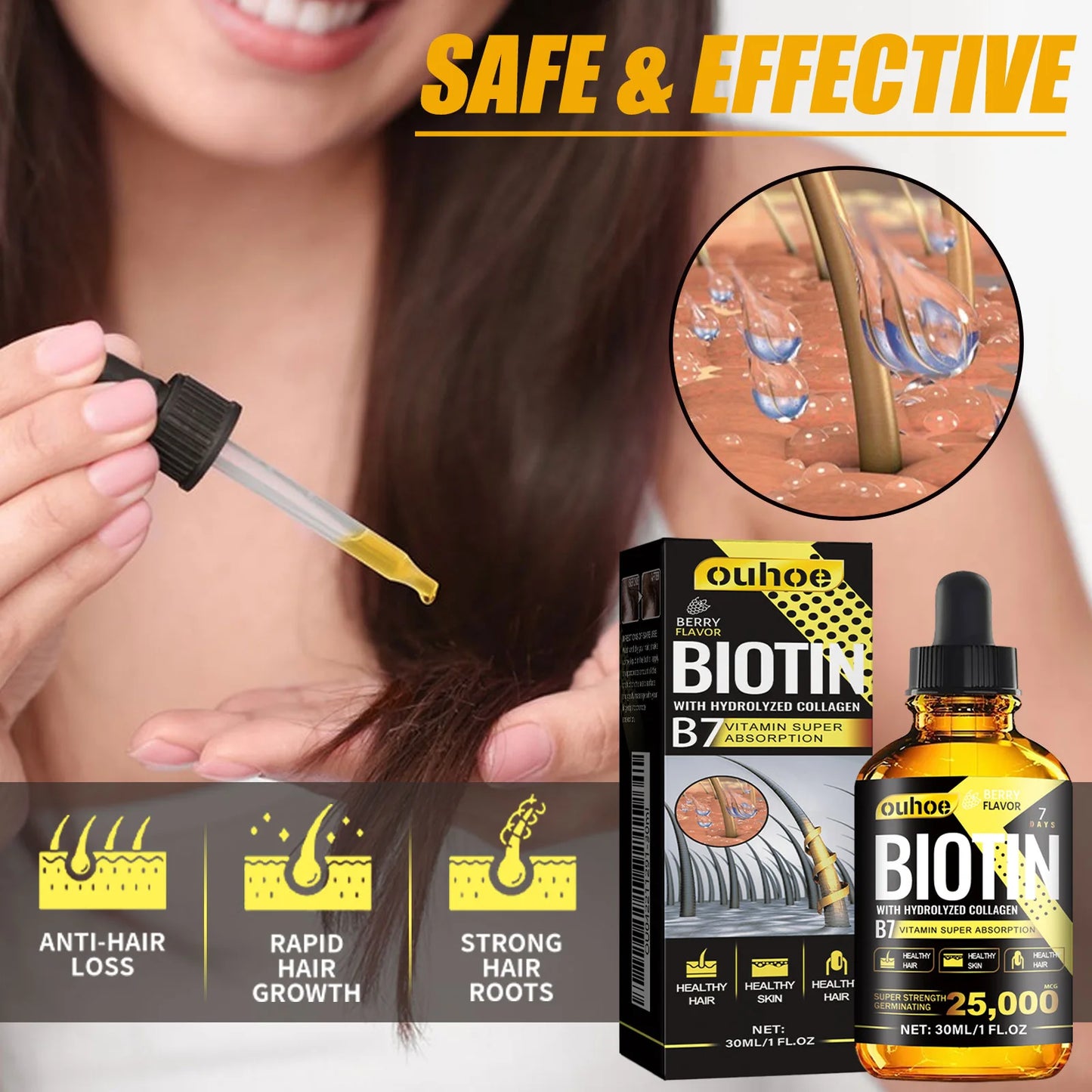 Ouhoe 30ml Collagen B7 Vitamin Hair Care Essential Oil Anti Hair Loss Moisture Repair Baldness Scalp Care Hair Growth Serum Oil