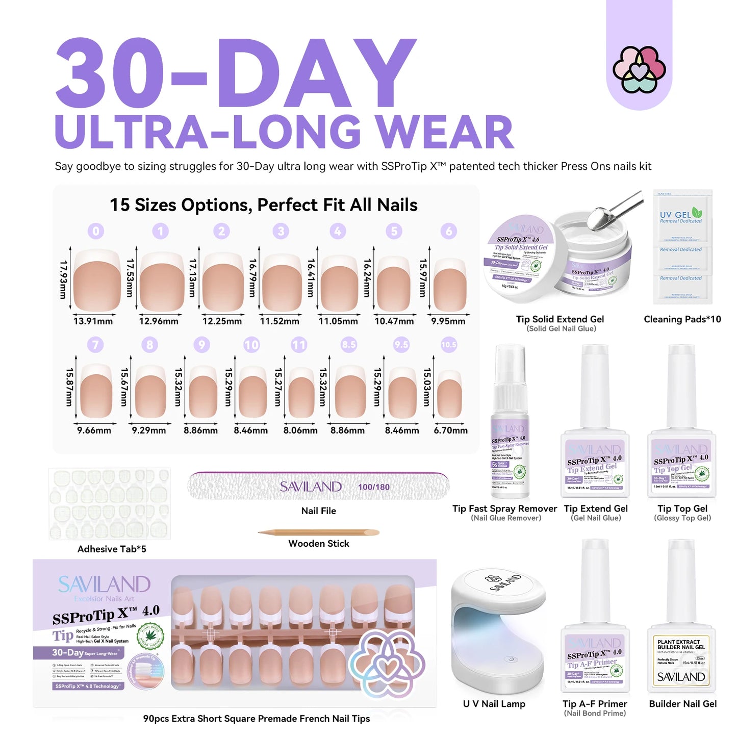 Saviland French Gel X Nail Kit 90pcs Extra Short Square Press On Nails with Nail Glue Gel and UV LED Nail Lamp