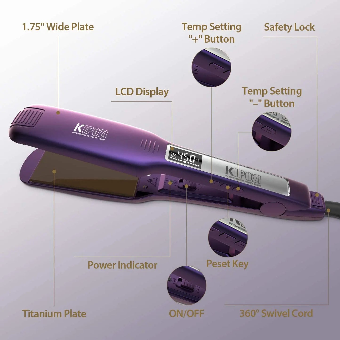 KIPOZI Professional Hair Straightener Titanium Flat Iron with Digital LCD Display Dual Voltage Instant Heating Curling Iron