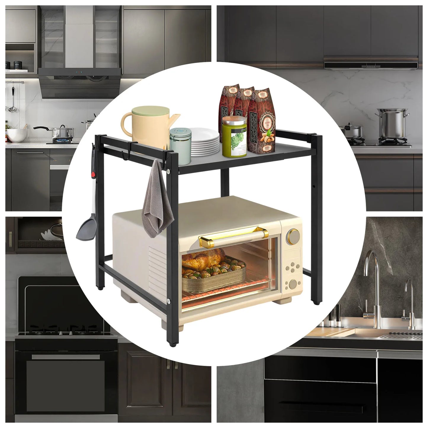 Bymaocar 2 Tiers Adjustable Microwave Stand Black Extendable Oven Shelf Wear Resistant Kitchen Countertop Organizer with Hooks