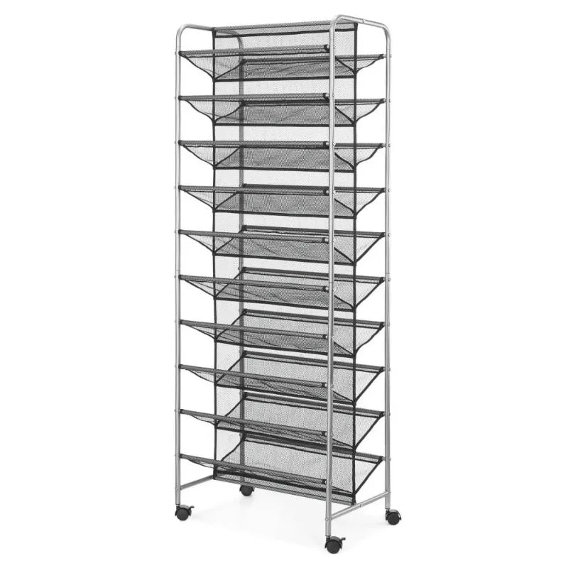 10 Tier 60 Pair Metal and Mesh Rolling Shoe Rack Everyday Home Shoe Storage