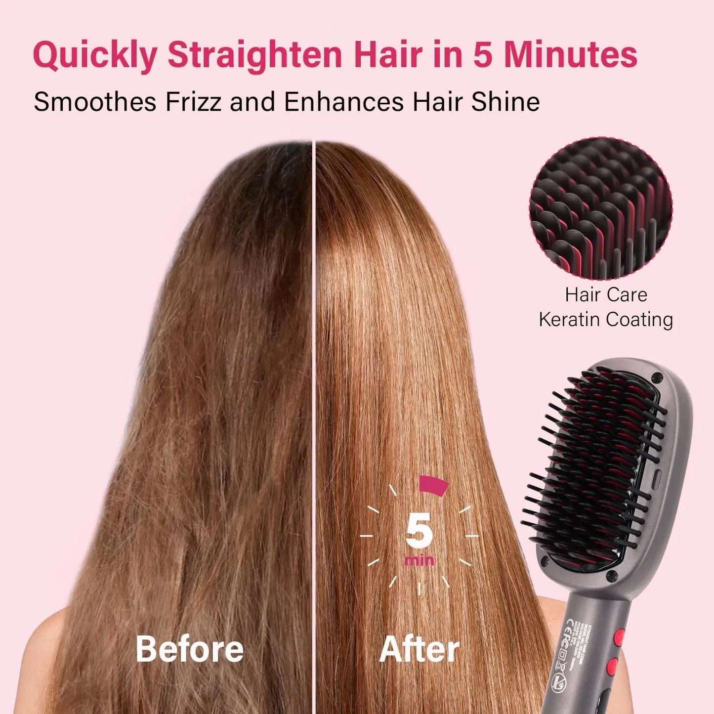 Hair Straightener Brush With Keratin Ceramic Coating Negative Ion Straightening Brush Dual Voltage Hot Air Hair Brush Black