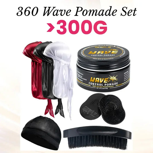 360 Style Wave Control Pomade Strong Hold Deep Waves Layered Gel with Brush Kit Wavy Grease Styling Wax for Black Men