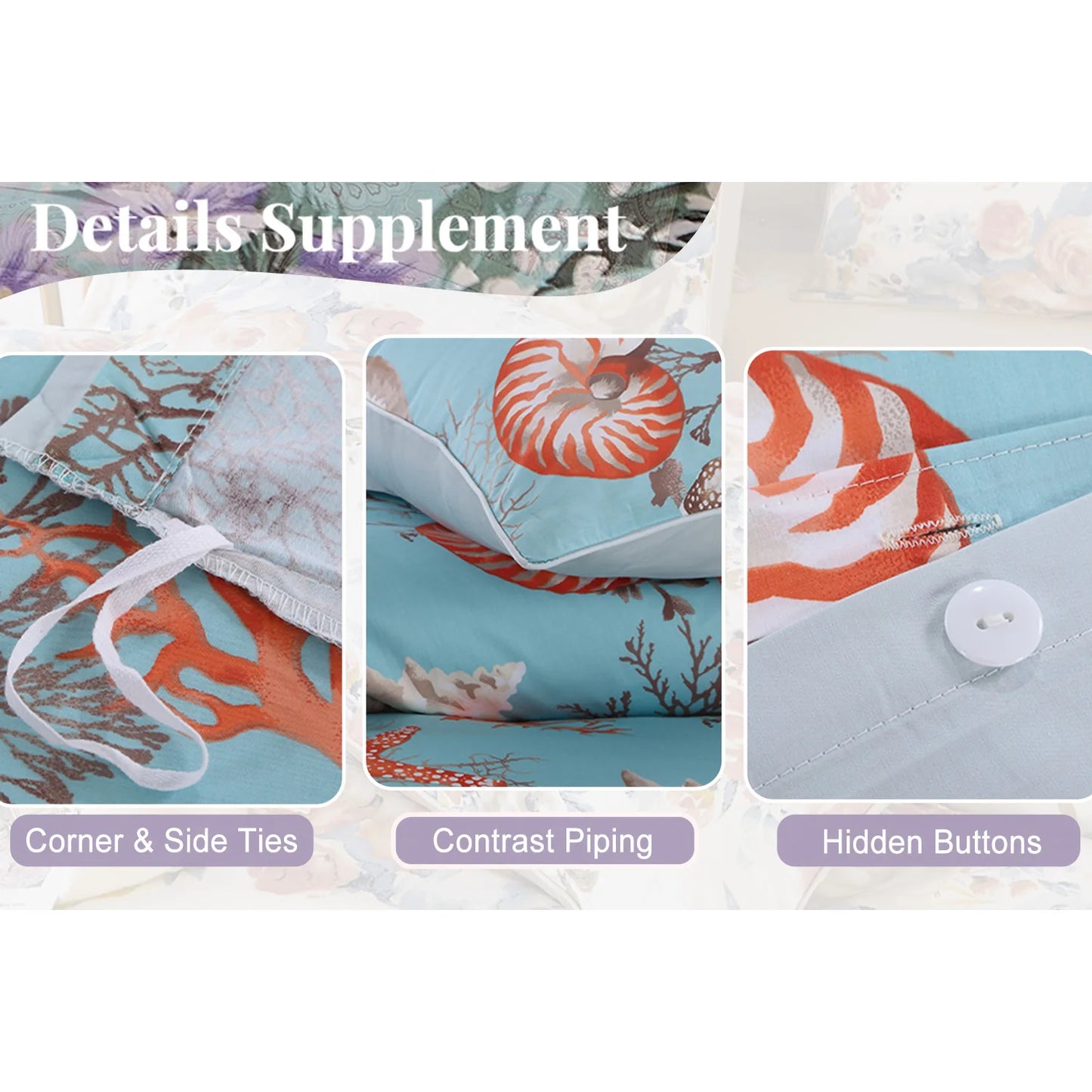 3pcs 600TC 100% Egyptian Cotton Duvet Cover Set, Vintage Blue Underwater Theme, Soft Skin-Friendly (No Inserts)
