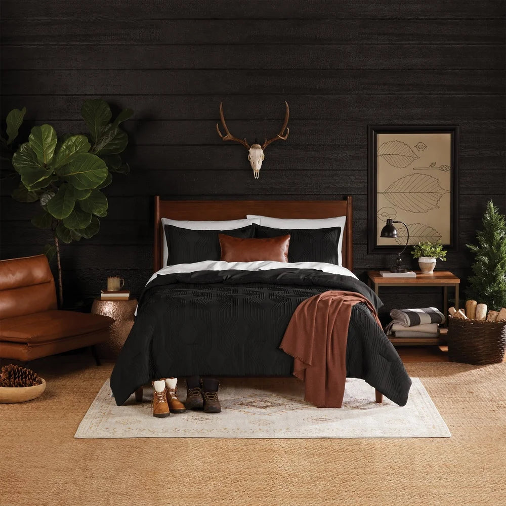 Five Piece Black Jacquard Comforter Set Queen Size Textured