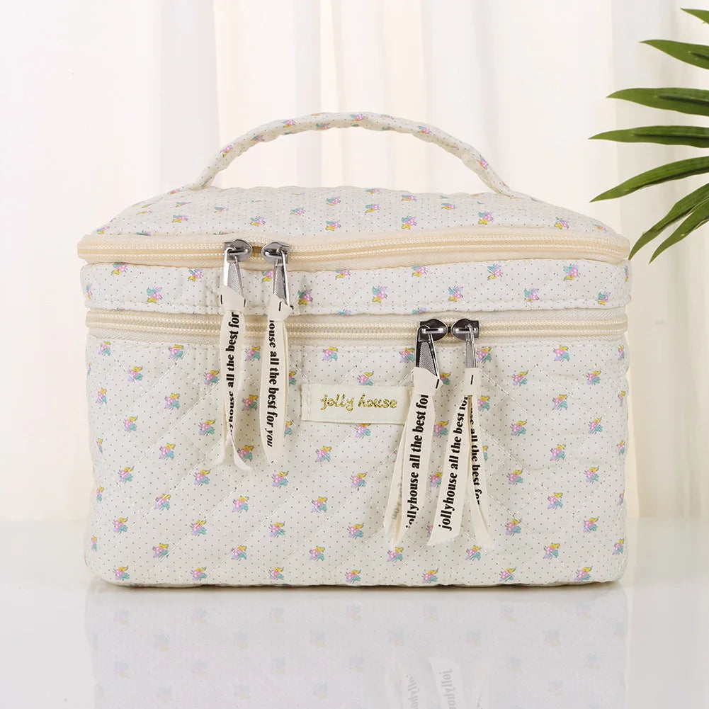Double Layer Coquette Makeup Bag Floral Cotton Toiletry Bag