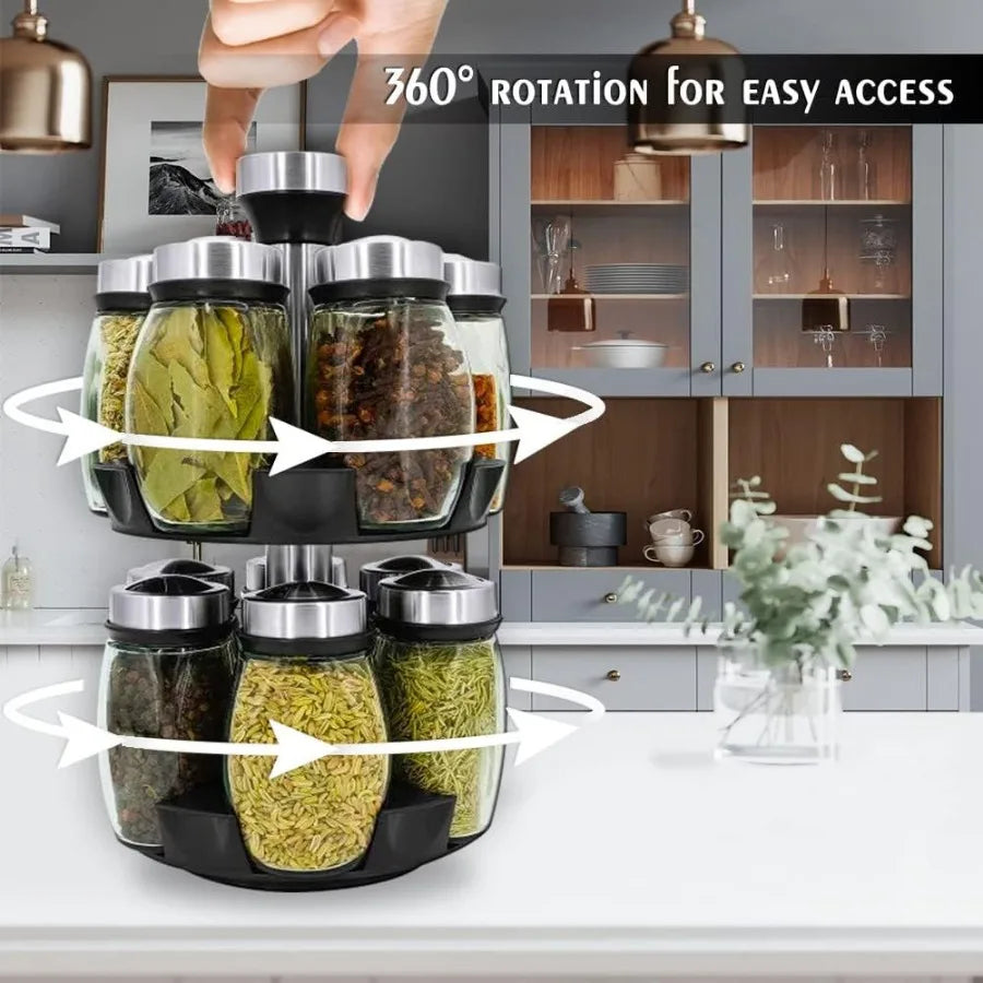 12 Glass Jar Bottles Set Revolving Spice Rack Organizer Storage for kitchen Spice Stand Holder Spinning Countertop Herb and Spi