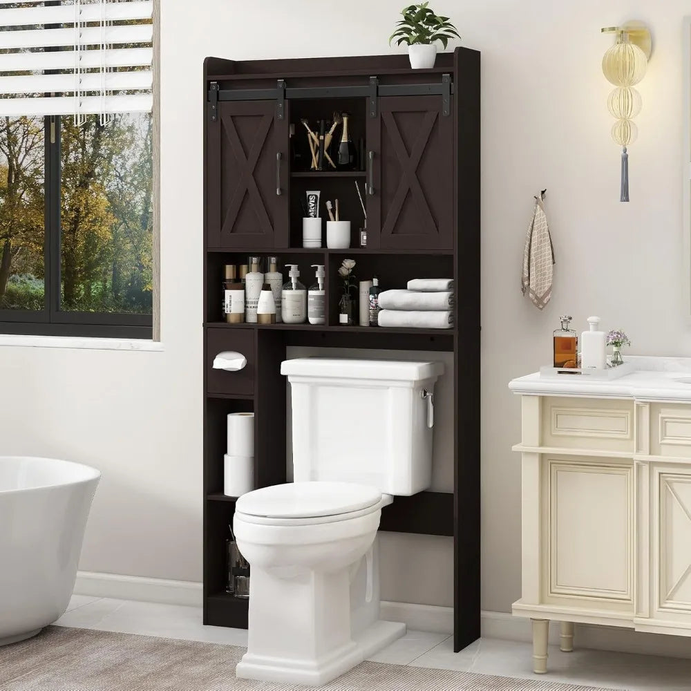 Farmhouse Toilet Cabinet With Sliding Doors And Toilet Paper
