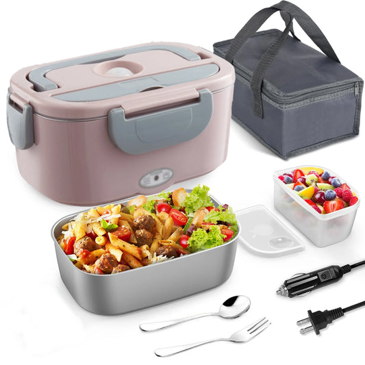 Electric Lunch Box 12V 24V 110V Portable Food Warmer with 1.5L Leakproof Stainless Container and Insulated Bag for Car and Home