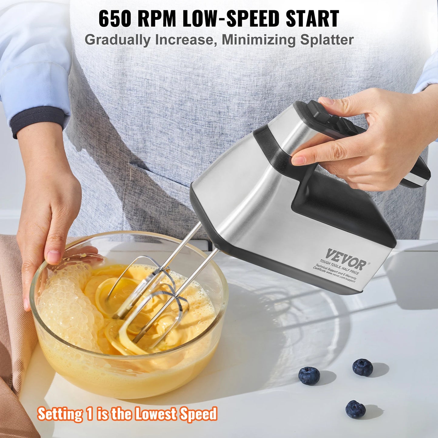 VEVOR Cordless Electric Hand Mixer 5 Gear Speed Handheld Mixer for Baking Whipping Mixing Eggs Cookies Cakes Cream