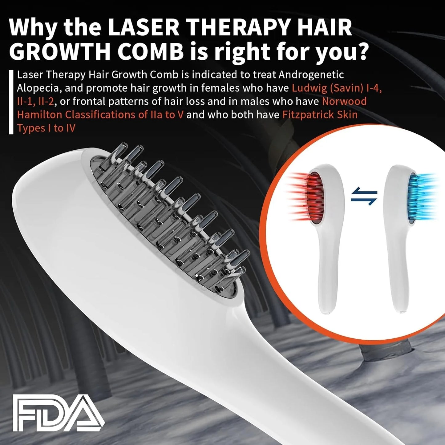 Electric Laser Hair Growth Comb Anti Hair Loss Therapy Infrared 650nm 470nm LED Red Light Vibration Massage Hair Care Brush