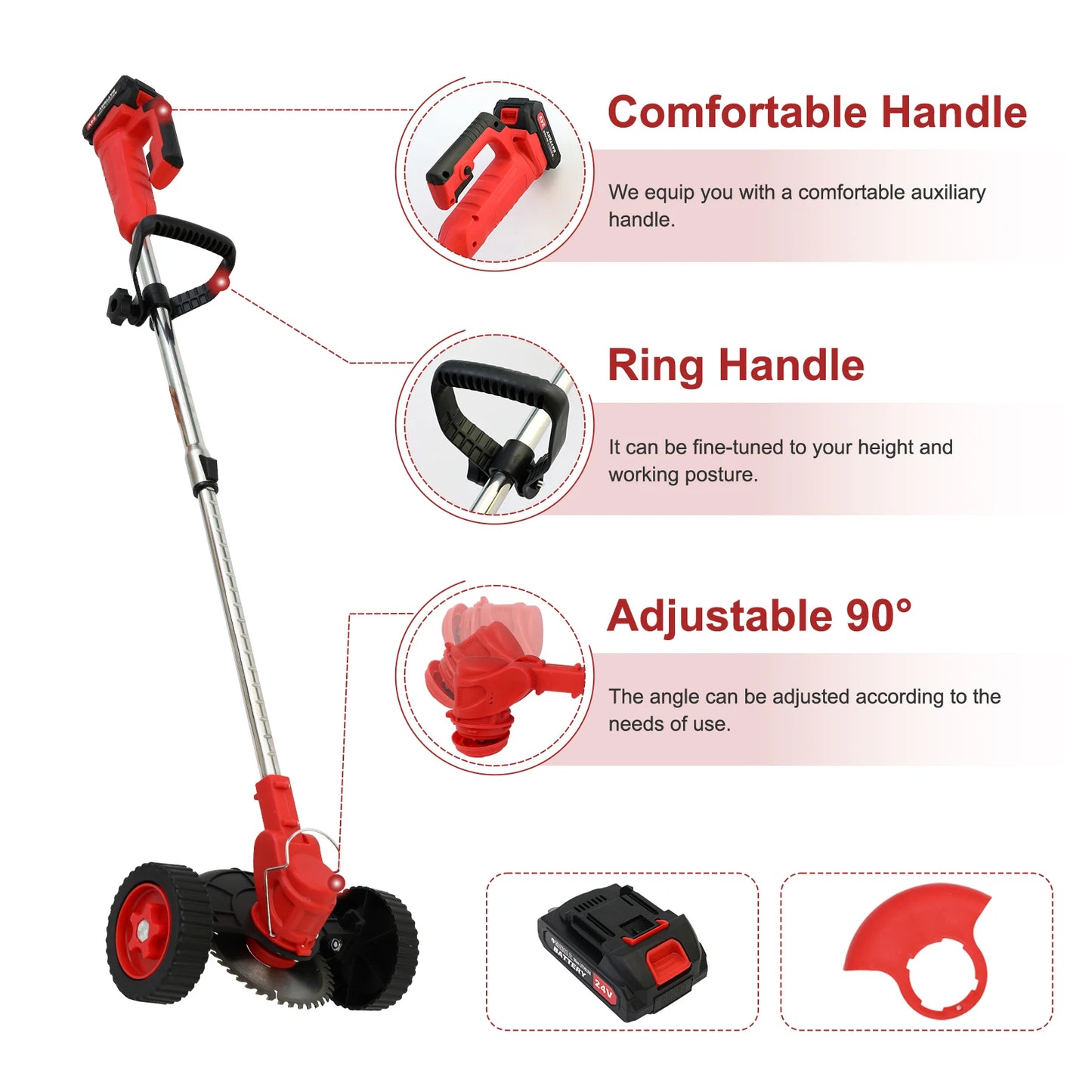 Grass Trimmer Cordless Electric Weed Wacker 21V with Wheels Battery Powered Lightweight Brush Cutter Edger for Lawn and Garden