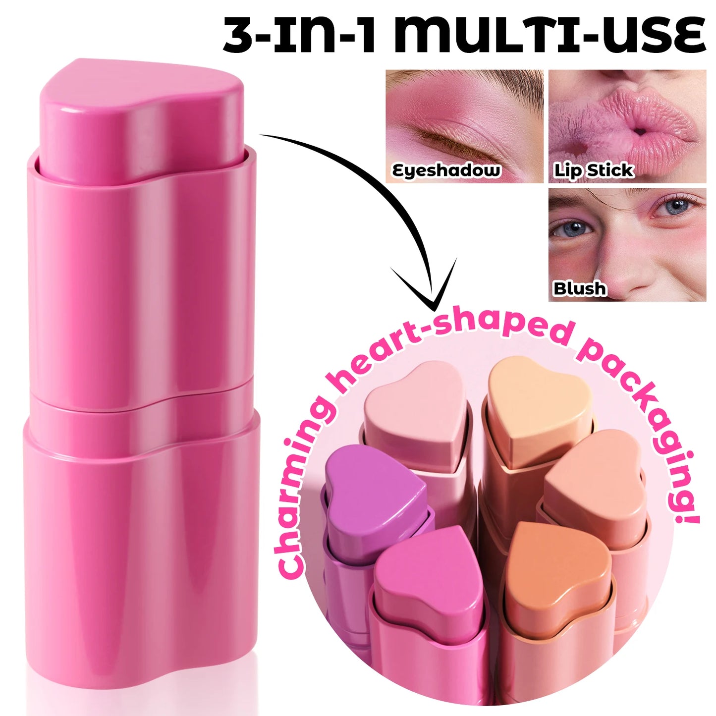 6 Color Heart Shaped Blush Stick Smooth Texture Long Lasting Blendable Natural Finish