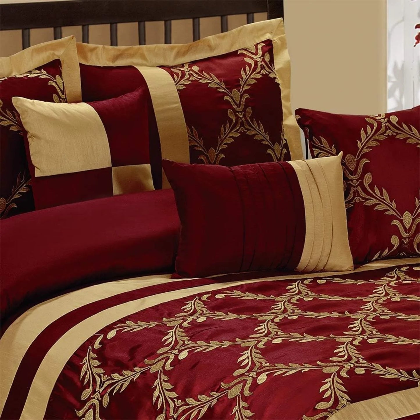7 Piece King Burgundy Gold Faux Silk Comforter Set Lux