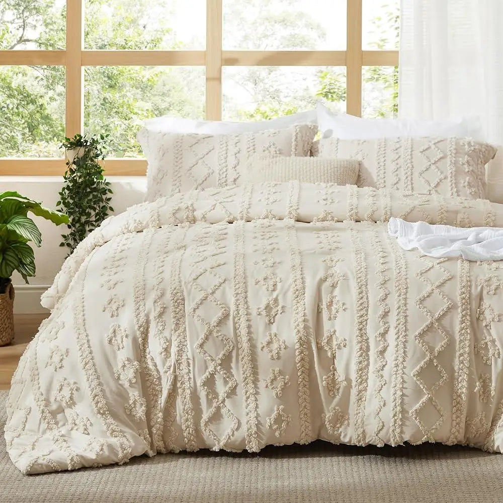 Boho Queen Comforter Set 3 Pieces Embroidered Bedding
